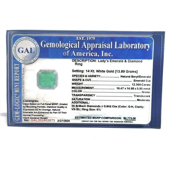 Natural Emerald Diamond Ring 6.25 14k W Gold 13.14 TCW Certified $9,775 402673 - Picture 13 of 13